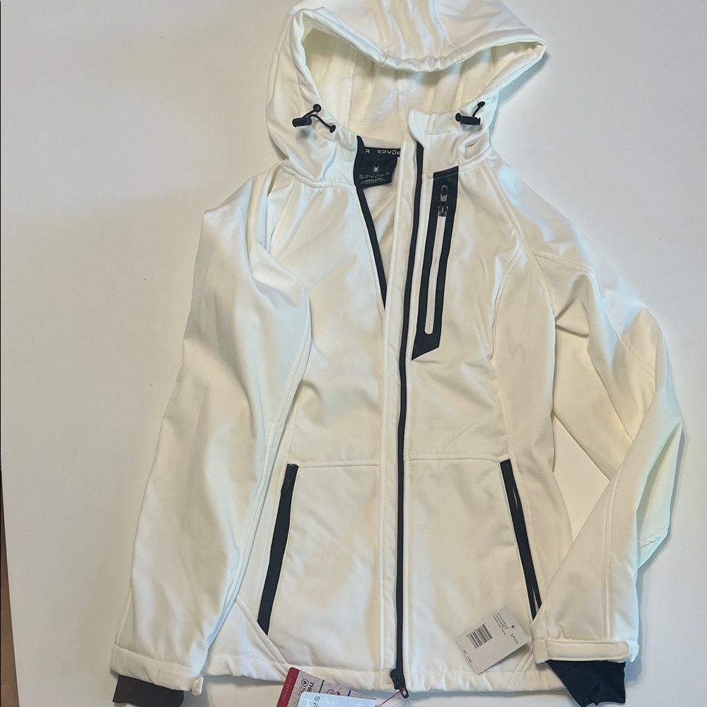 Spyder White Hooded Softshell Jacket with Black Trim
